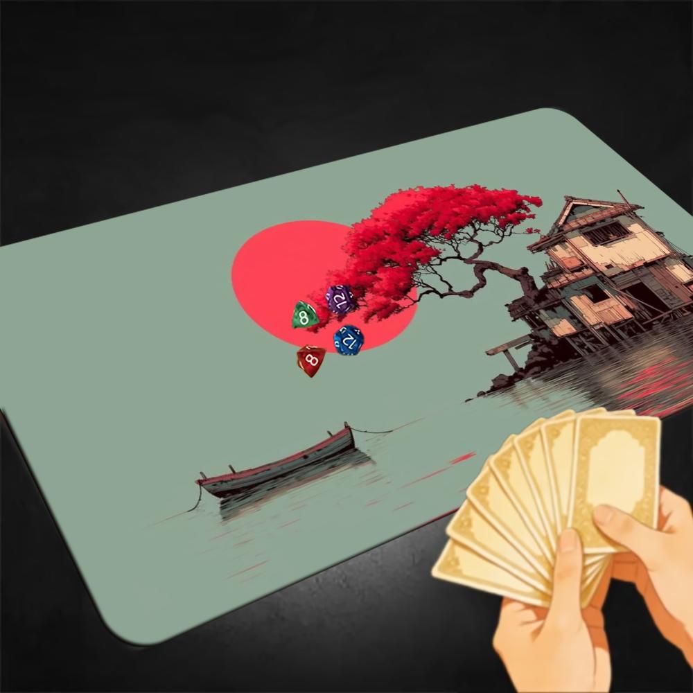 Esports Gaming House - 浮世絵風景TCGプレイマット 赤い楓の木 水上住宅ボート 東洋の夕日 滑り止めデスクマット カードゲーム