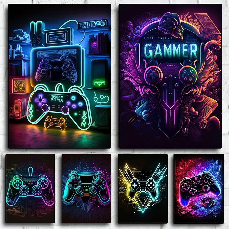 モダンなネオンポップクールなゲーミングウォールアートポスター - Esports Gaming House のレビューと価格